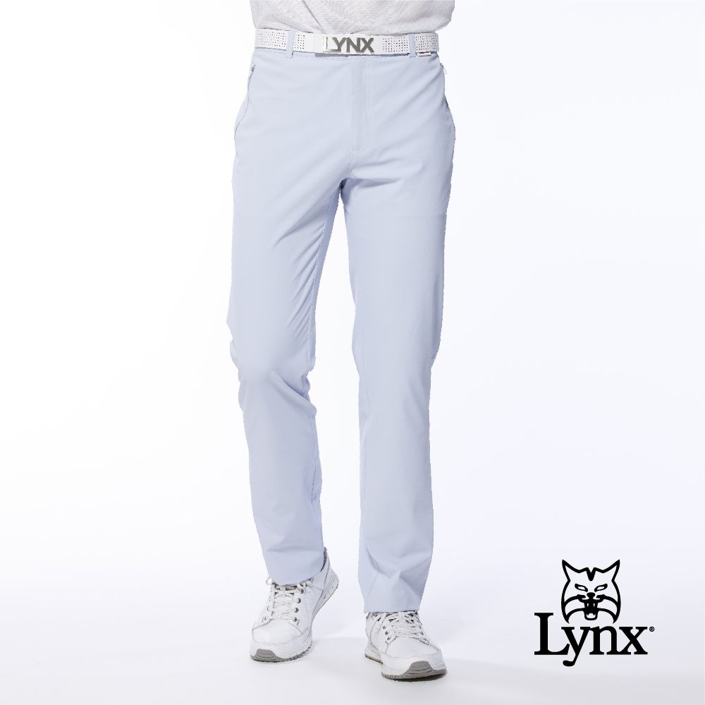 Lynx Golf 男款日本進口布料拉鍊口袋設計後袋配布剪接平口休閒長褲(三色)