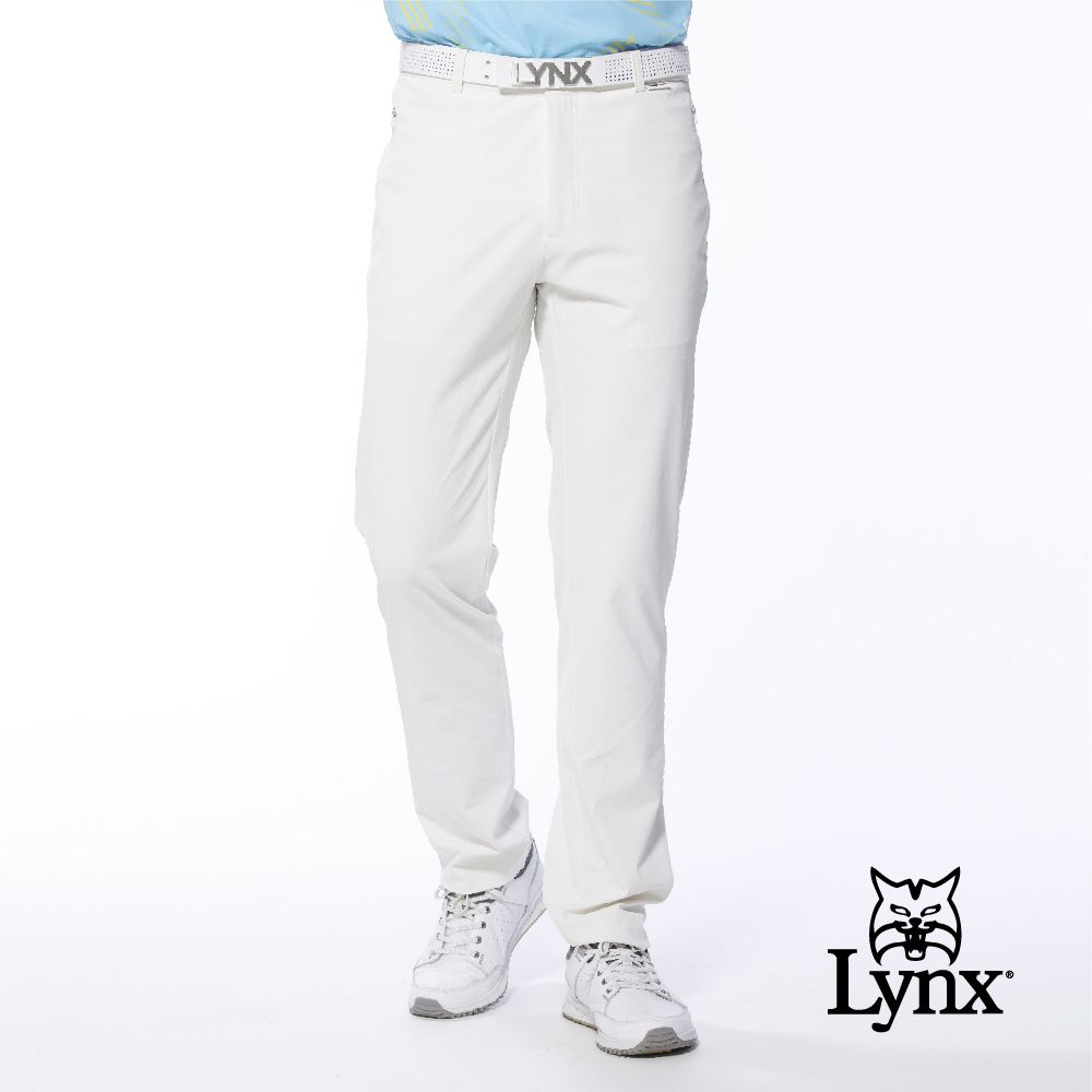 Lynx Golf 男款日本進口布料拉鍊口袋設計後袋配布剪接平口休閒長褲(三色)