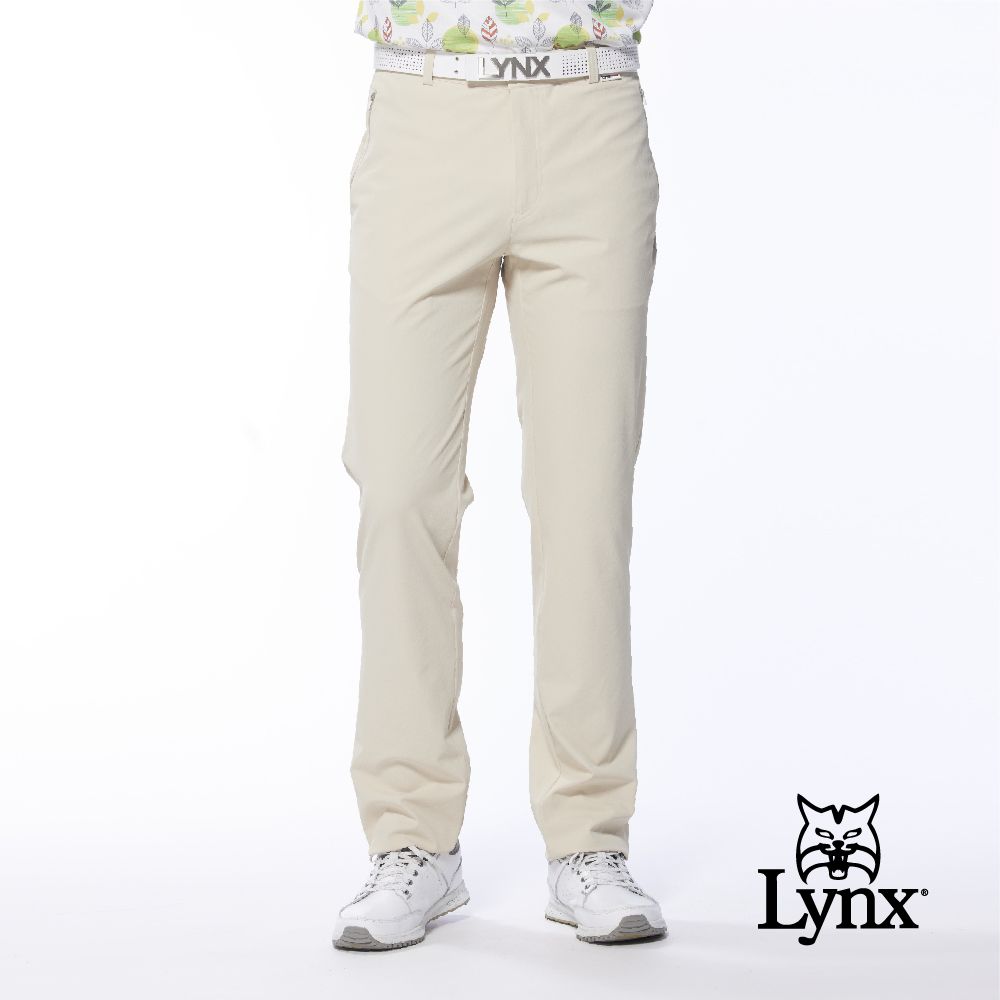 Lynx Golf 男款日本進口布料拉鍊口袋設計後袋配布剪接平口休閒長褲(三色)