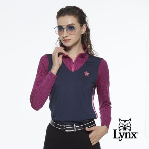 Lynx Golf 女款合身款假兩件式條紋配布長袖立領POLO衫(二色)