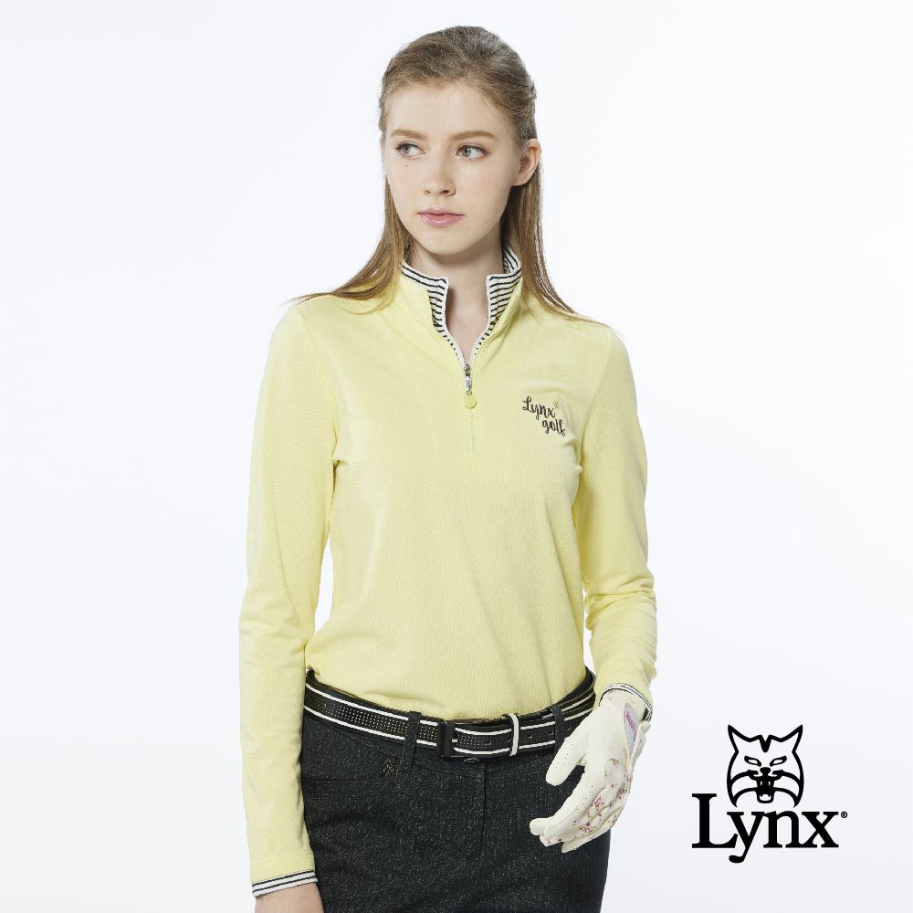 Lynx Golf 女款假兩件設計內刷毛網眼材質Lynx字樣繡花長袖立領POLO衫(二色)