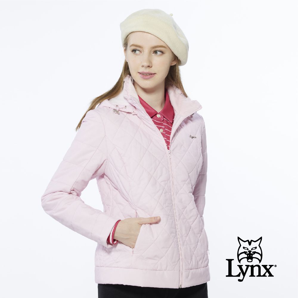 Lynx Golf 女款吸濕排汗鋪棉保暖素面菱格壓線LOGO鐵牌長袖連帽外套(二色)