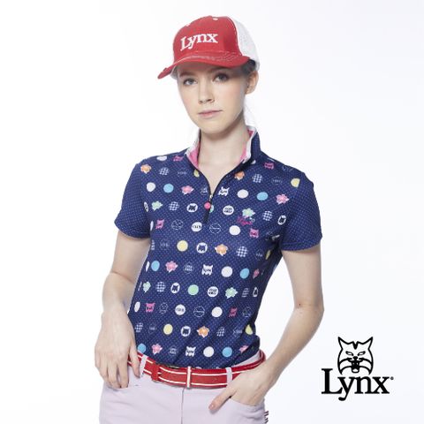 【Lynx Golf】女款吸排涼感山貓小花點點圖樣後領包邊帶設計短袖立領POLO衫/高爾夫球衫(二色)