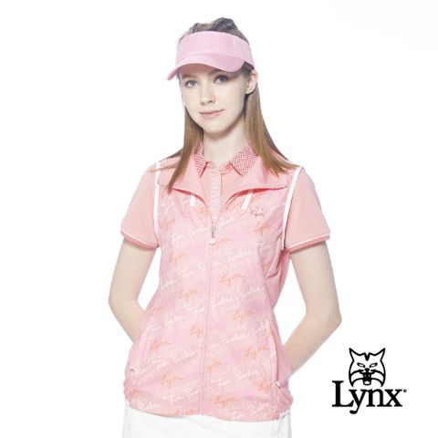 Lynx Golf 女款滿版LYNX英文草寫字樣印花剪裁配布設計無袖背心(二色)