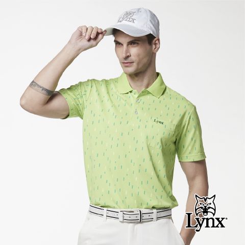 【Lynx Golf】男款吸濕排汗羅紋領直紋線條印花胸袋款短袖POLO衫-果綠色