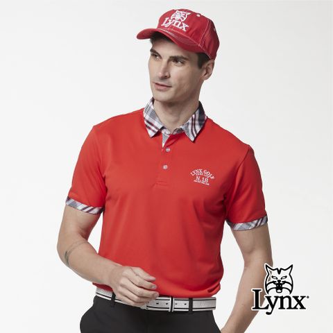 Lynx Golf 男款吸濕排汗素面基本款格子配布設計短袖POLO衫-紅色