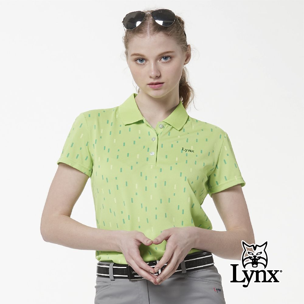 Lynx Golf 女款吸濕排汗羅紋領直紋線條印花短袖POLO衫-果綠色