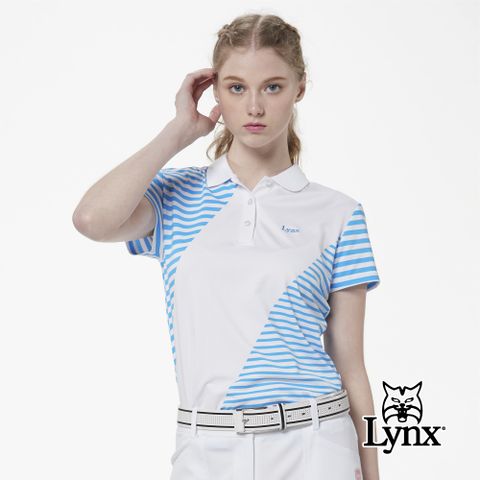 Lynx Golf 女款吸汗速乾羅紋領橫條背後滿版印花短袖立領POLO衫-白色