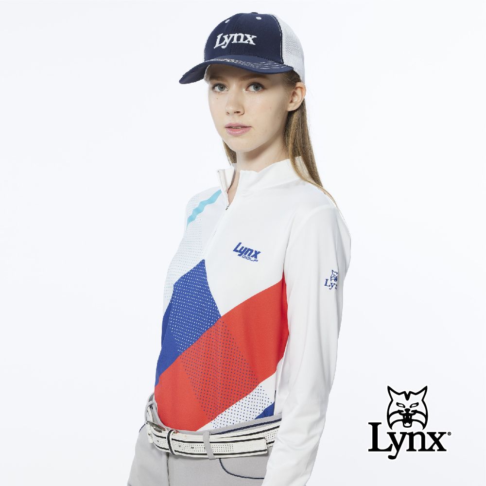 Lynx Golf 女款吸溼排汗流線感跳色印花長袖立領POLO衫/高爾夫球衫-白色