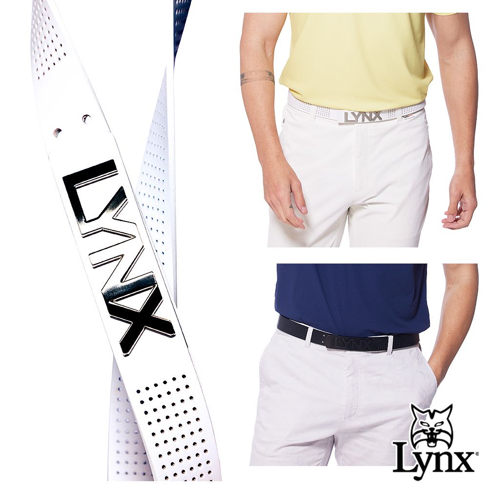 Lynx Golf 男款時尚立體雷雕LOGO打洞造型牛皮材質扣式皮帶(三色)