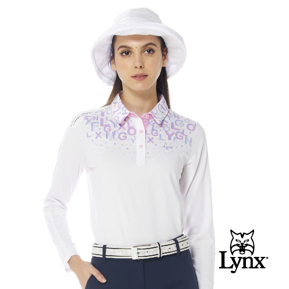 Lynx Golf 女款合身版吸排抗UV翻領設計半身星芒印花長袖POLO衫/高爾夫球衫(二色)