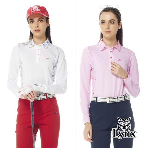 【Lynx Golf】女款合身版吸排袖口短羅紋彩色英文印花長袖POLO衫/高爾夫球衫(二色)