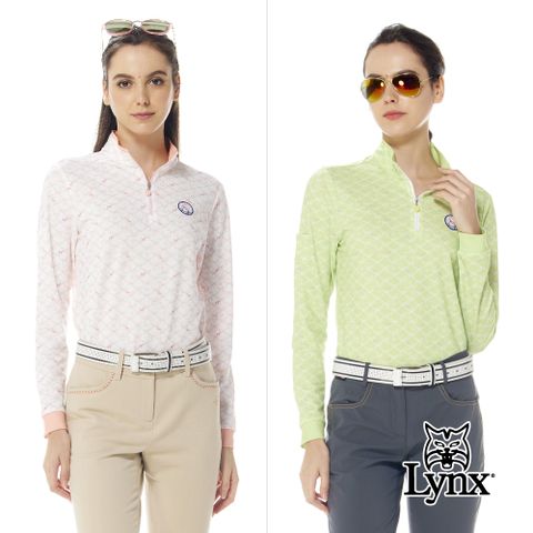 【Lynx Golf】女款吸溼排汗袖口袋設計蝴蝶結印花長袖立領POLO衫/高爾夫球衫(二色)