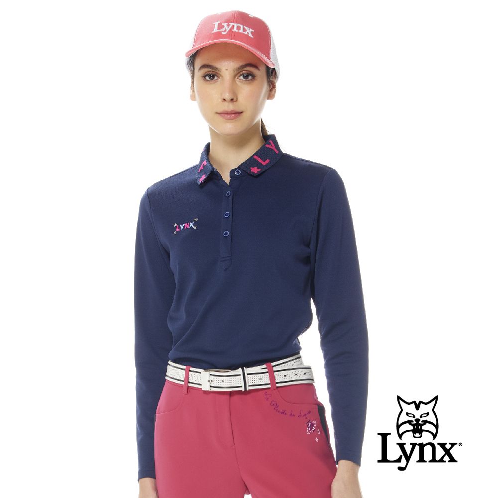 Lynx Golf 女款吸排抗UV小菱格紋布料造型緹花領長袖POLO衫/高爾夫球衫(二色)