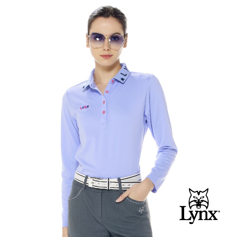 Lynx Golf 女款吸排抗UV小菱格紋布料造型緹花領長袖POLO衫/高爾夫球衫(二色)