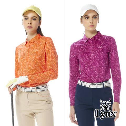 Lynx Golf 女款純棉雙絲光滿版Lynx英文字樣印花長袖POLO衫/高爾夫球衫(二色)