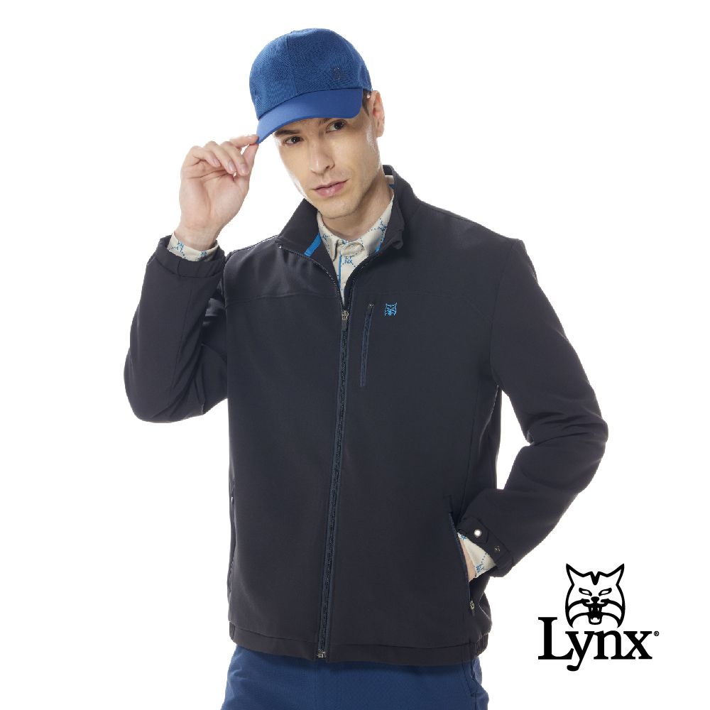 Lynx Golf 男款防風防潑水刷毛保暖山貓繡花拉鍊胸袋設計長袖外套-黑色