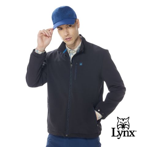 【Lynx Golf】男款防風防潑水刷毛保暖山貓繡花拉鍊胸袋設計長袖外套-黑色