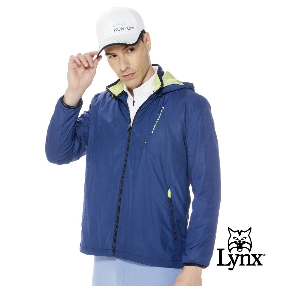 Lynx Golf 男款防潑水刷毛保暖變色膠印LOGO印花拉鍊胸袋長袖可拆式連帽外套-深藍色