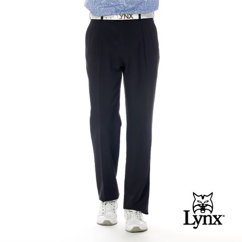 【Lynx Golf】男款日本進口布料伸縮腰頭彈性舒適素面雙折西裝長褲-黑色