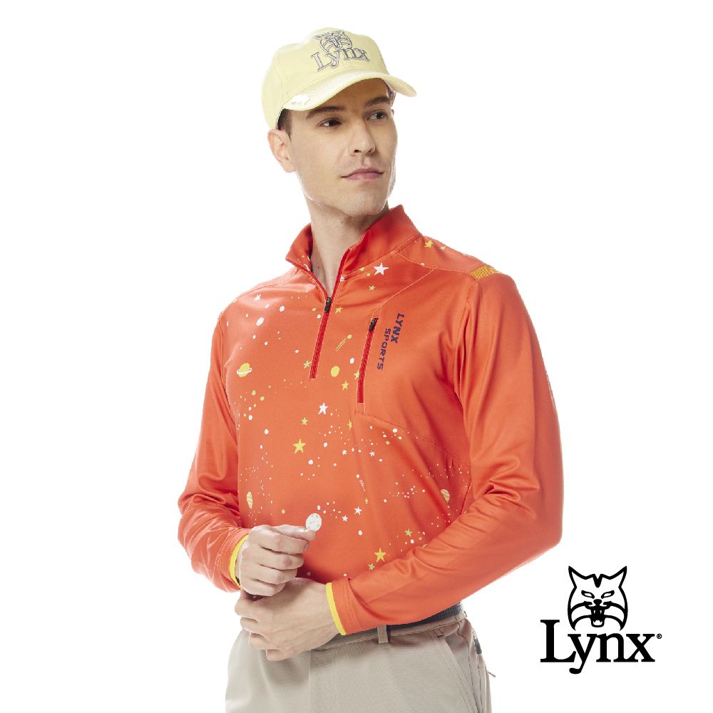 Lynx Golf 男款合身版吸排拉鍊胸袋兩臂羅紋剪裁宇宙星空印花長袖POLO衫(三色)