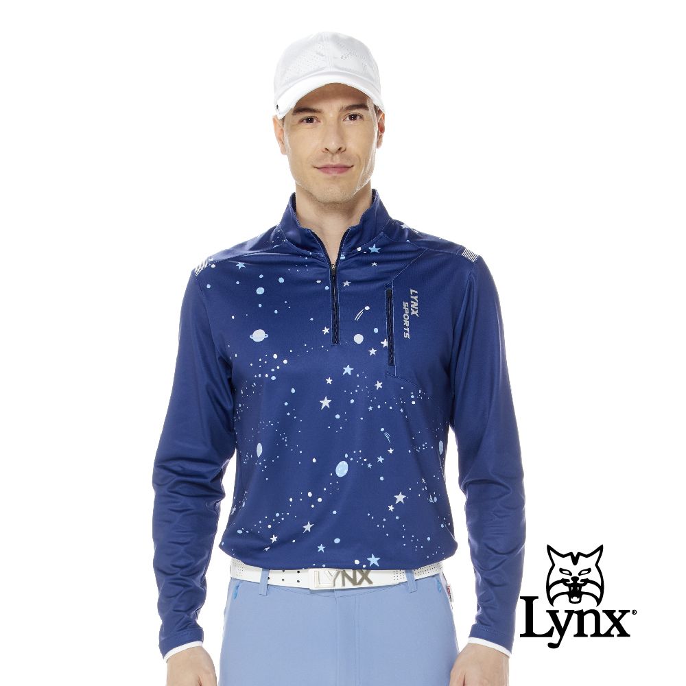 Lynx Golf 男款合身版吸排拉鍊胸袋兩臂羅紋剪裁宇宙星空印花長袖POLO衫(三色)