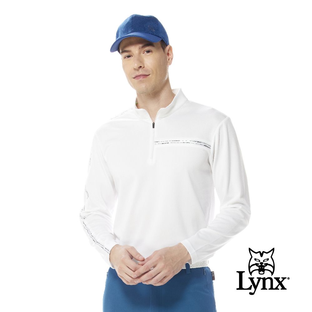 Lynx Golf 男款吸排抗UV雙面組織菱格紋路LOGO織帶剪裁設計長袖立領POLO衫(二色)