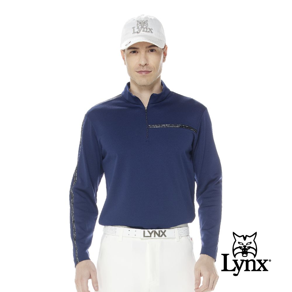 Lynx Golf 男款吸排抗UV雙面組織菱格紋路LOGO織帶剪裁設計長袖立領POLO衫(二色)