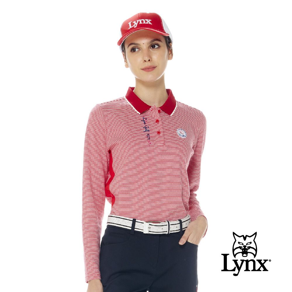 Lynx Golf 女款純棉材質百搭橫條紋精美花邊領脇邊剪裁設計長袖POLO衫/高爾夫球衫(二色)