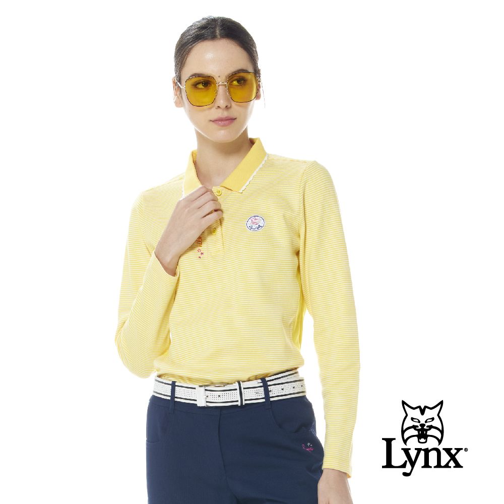 Lynx Golf 女款純棉材質百搭橫條紋精美花邊領脇邊剪裁設計長袖POLO衫/高爾夫球衫(二色)