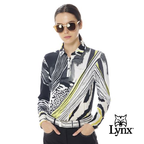 【Lynx Golf】女款歐洲進口布料柔軟舒適黃黑色系動物紋路印花長袖POLO衫-黑色