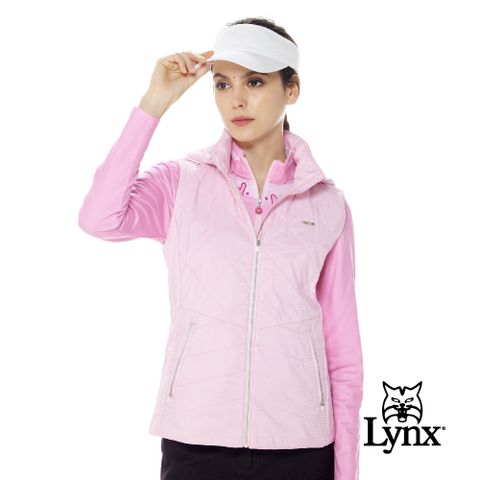 Lynx Golf 女款保暖舒適鋪棉橫條紋造型帽緣出芽設計無袖可拆式連帽背心-粉紅色