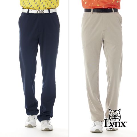 Lynx Golf 男款日本進口布料保暖舒適後腰LOGO織帶隱形拉鍊造型平口休閒長褲(二色)