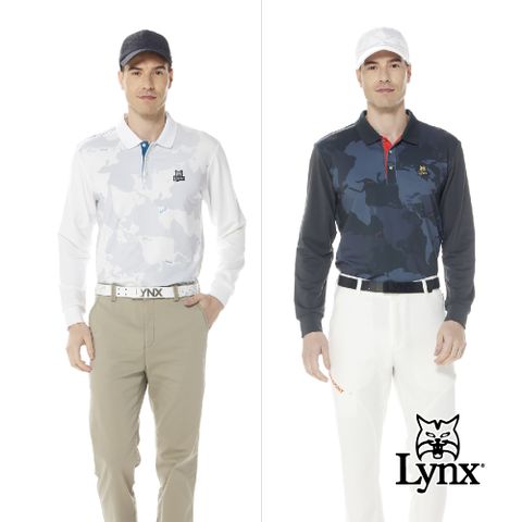 Lynx Golf 男款遠紅外線功能保暖右肩針織帶剪接地圖印花設計長袖POLO衫(二色)