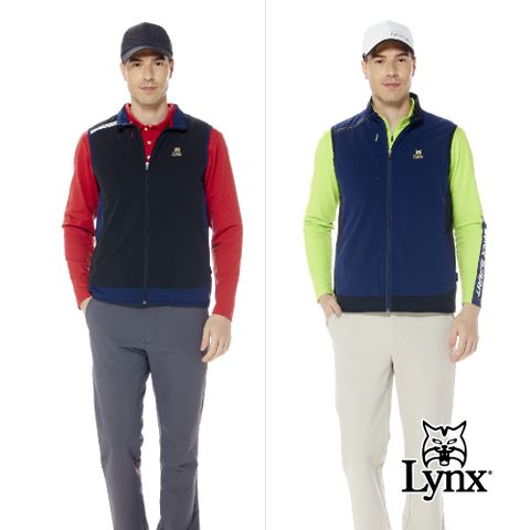 Lynx Golf 男款防潑水保暖刷毛LOGO織帶設計異材質剪裁隱形拉鍊胸袋款無袖背心(二色)