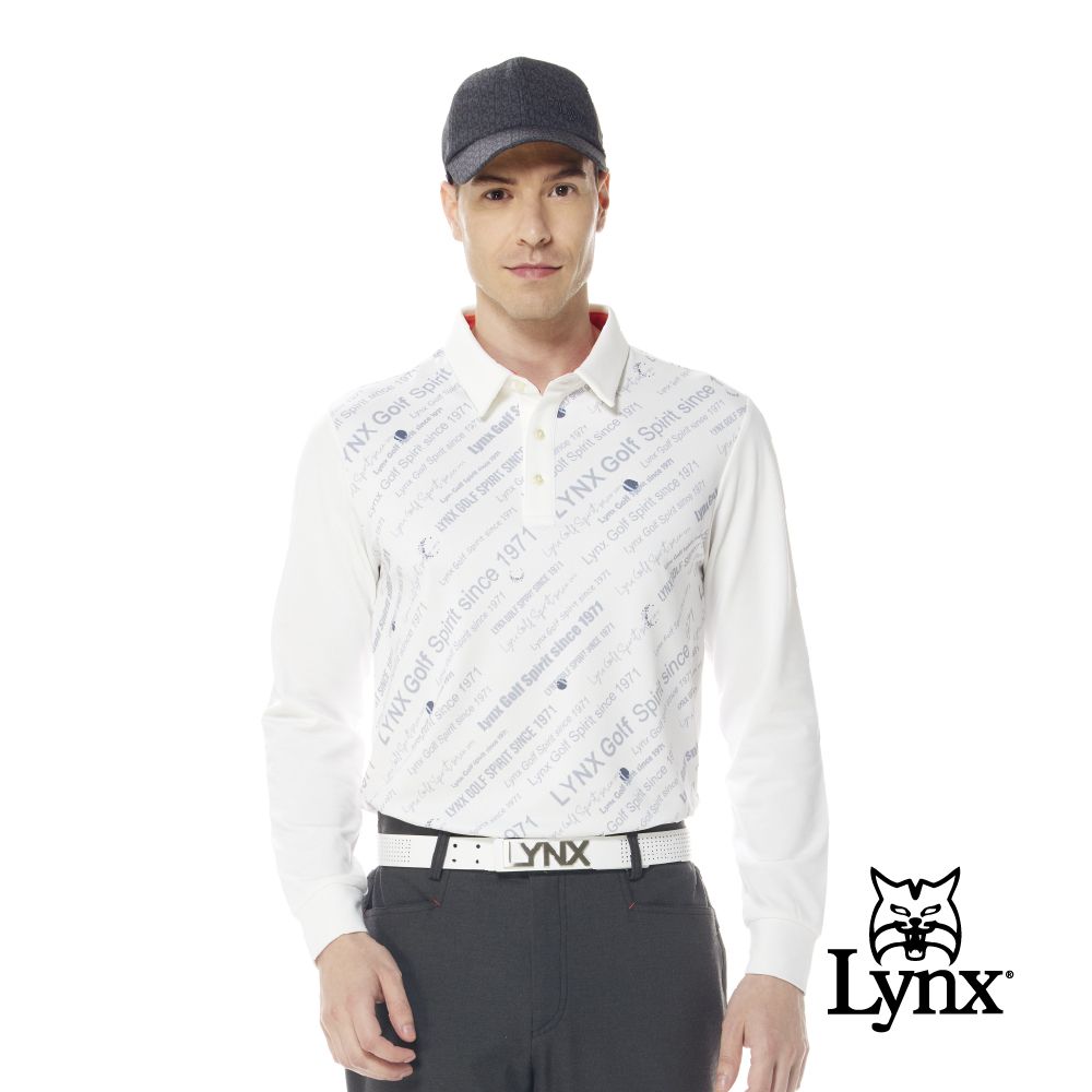 Lynx Golf 男款合身版保暖舒適內刷毛材質星球Lynx字樣印花夾標長袖POLO衫(二色)