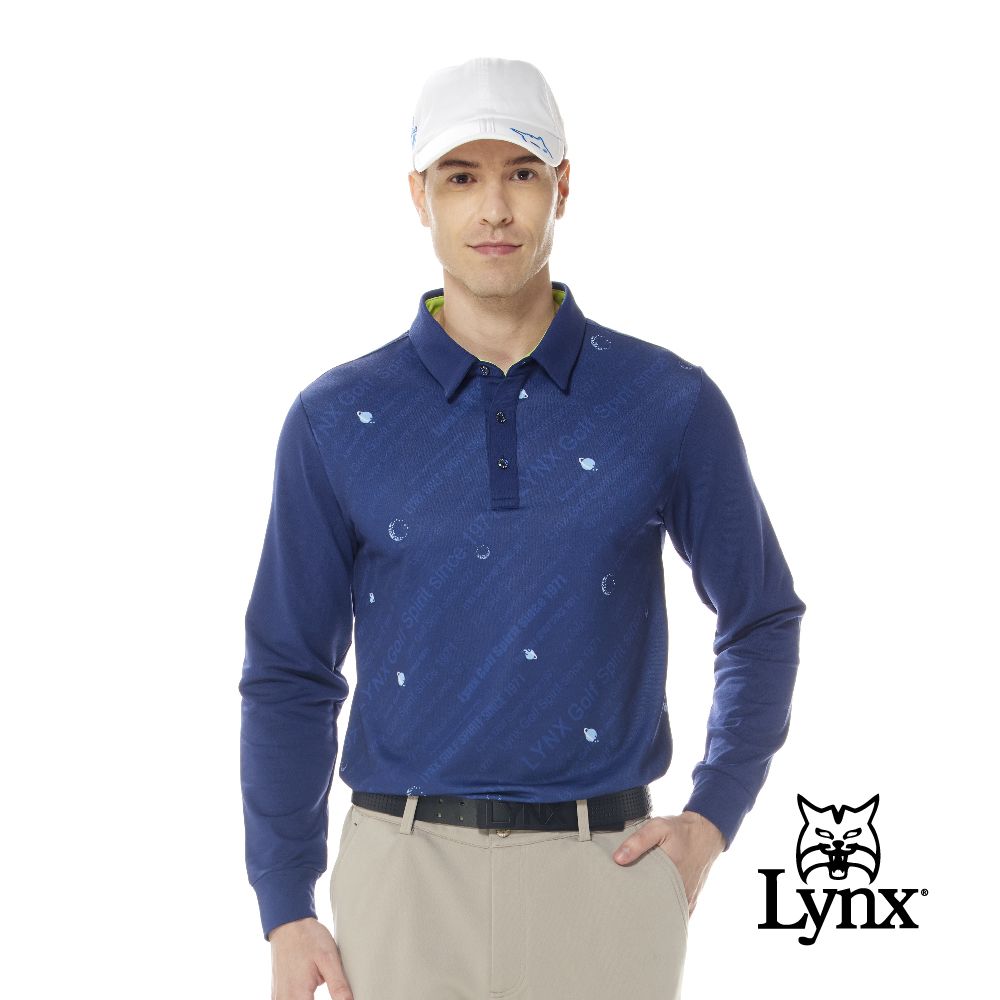 Lynx Golf 男款合身版保暖舒適內刷毛材質星球Lynx字樣印花夾標長袖POLO衫(二色)