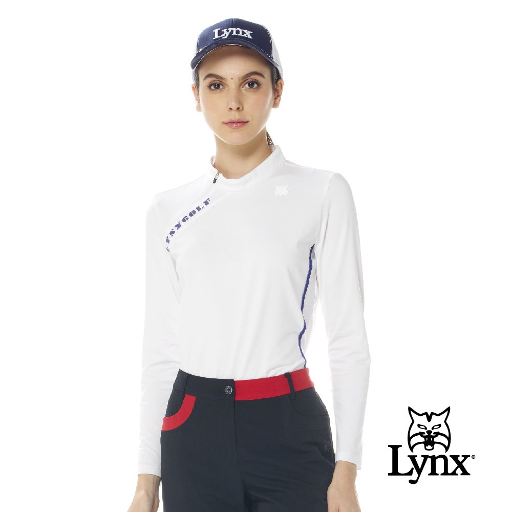 Lynx Golf 首爾高桿風格女款吸排抗UV內刷毛配色壓條斜開門襟印花設計長袖立領POLO衫(二色)