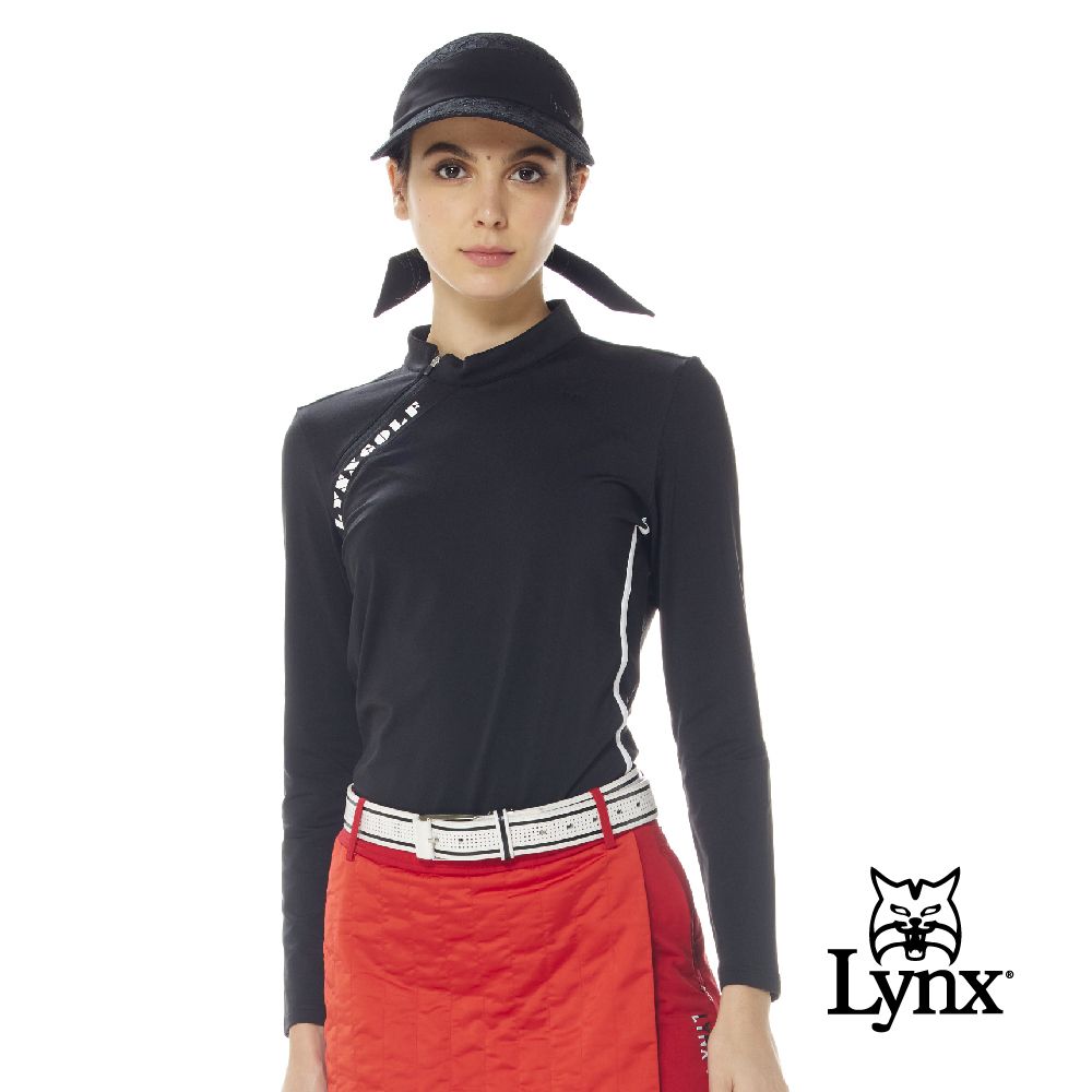 Lynx Golf 首爾高桿風格女款吸排抗UV內刷毛配色壓條斜開門襟印花設計長袖立領POLO衫(二色)