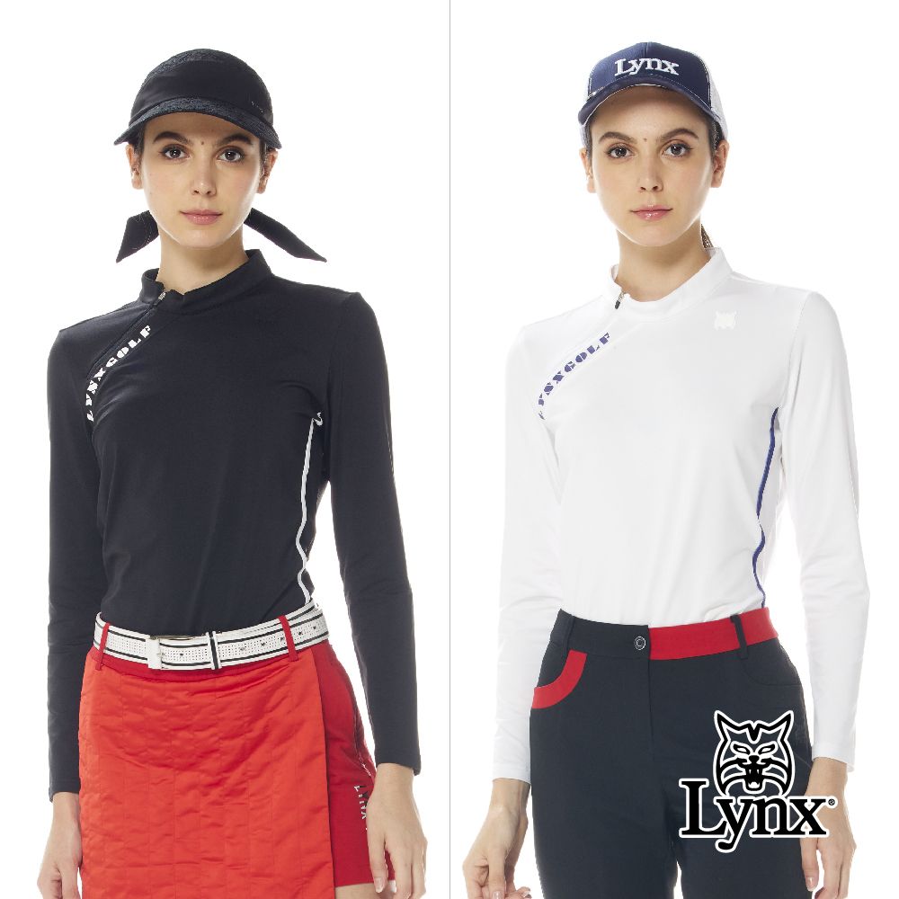 Lynx Golf 首爾高桿風格女款吸排抗UV內刷毛配色壓條斜開門襟印花設計長袖立領POLO衫(二色)