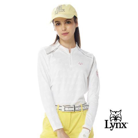 Lynx Golf 女款吸濕排汗千鳥紋緹花布料LOGO針織帶剪裁設計長袖立領POLO衫/高爾夫球衫(二色)