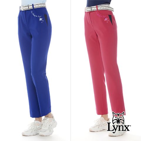 Lynx Golf 女款日本進口布料彈性舒適LOGO鬆緊帶設計口袋配布剪接造型窄管長褲(二色)