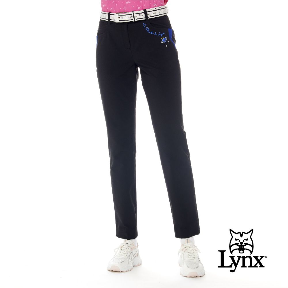 Lynx Golf 女款日本進口布料彈性舒適LOGO鬆緊帶設計口袋配布剪接造型窄管長褲-黑色