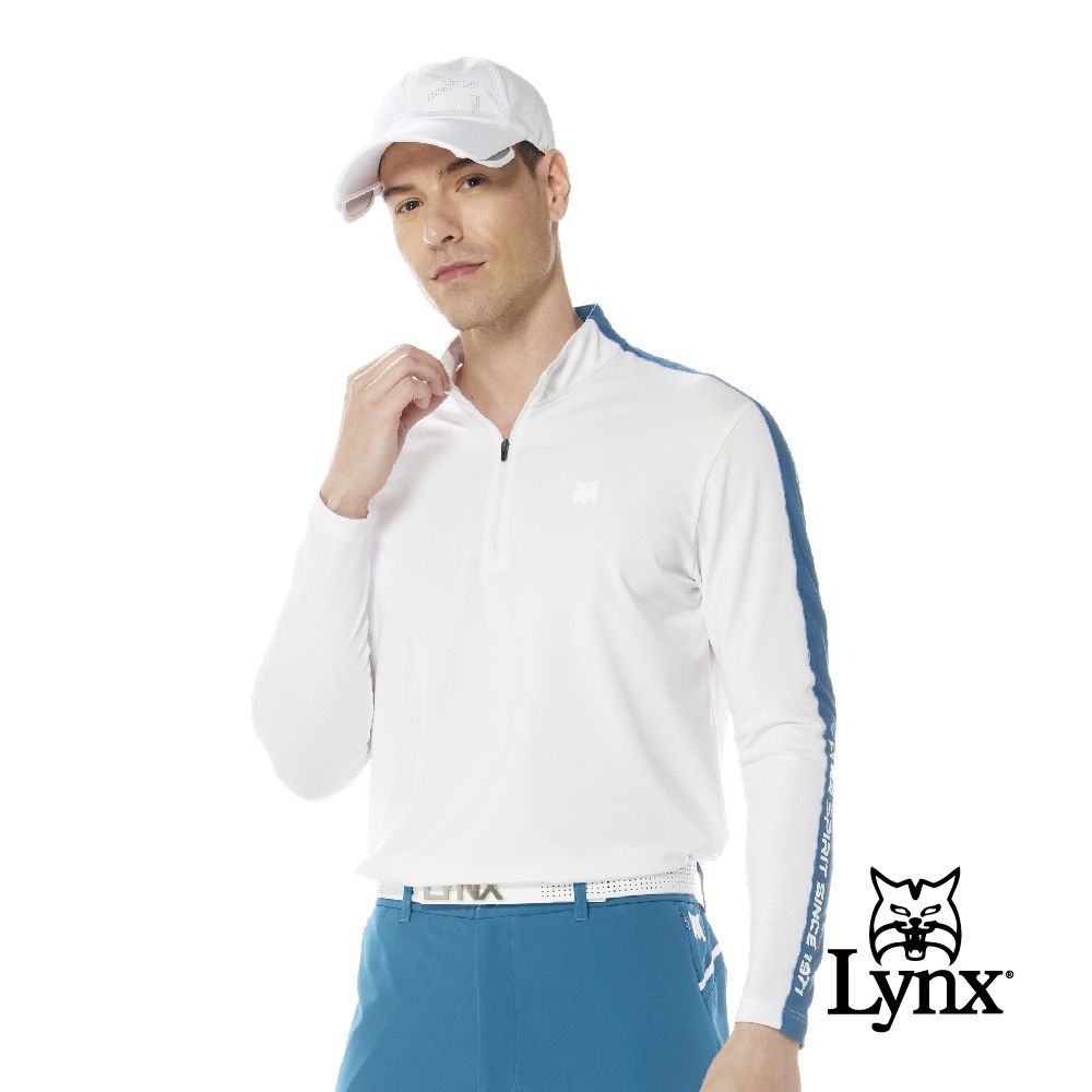 Lynx Golf 首爾高桿風格男款合身版吸溼排汗抗UV左肩造型配布剪接長袖立領POLO衫(二色)