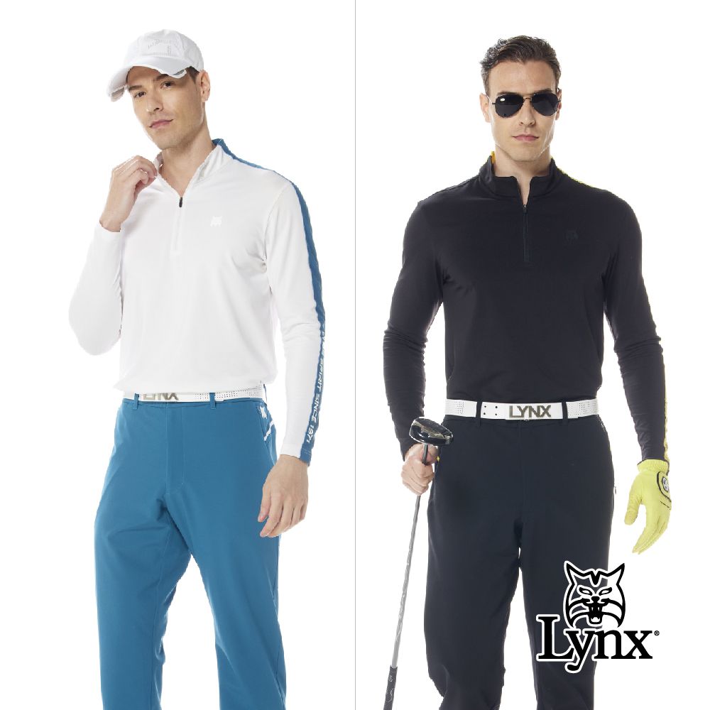 Lynx Golf 首爾高桿風格男款合身版吸溼排汗抗UV左肩造型配布剪接長袖立領POLO衫(二色)