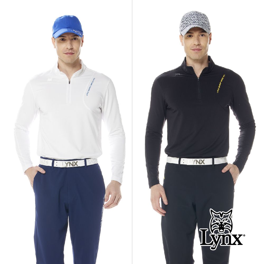 Lynx Golf 首爾高桿風格男款合身版吸排抗UV左胸LOGO印花剪裁造型長袖立領POLO衫(二色)