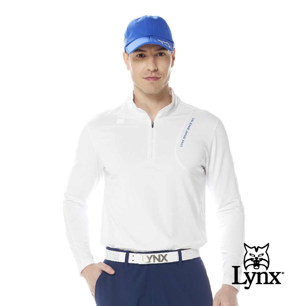 Lynx Golf 首爾高桿風格男款合身版吸排抗UV左胸LOGO印花剪裁造型長袖立領POLO衫(二色)