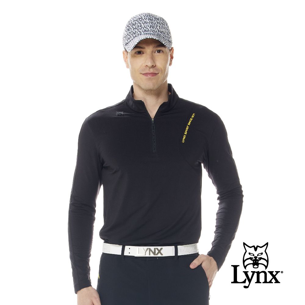 Lynx Golf 首爾高桿風格男款合身版吸排抗UV左胸LOGO印花剪裁造型長袖立領POLO衫(二色)