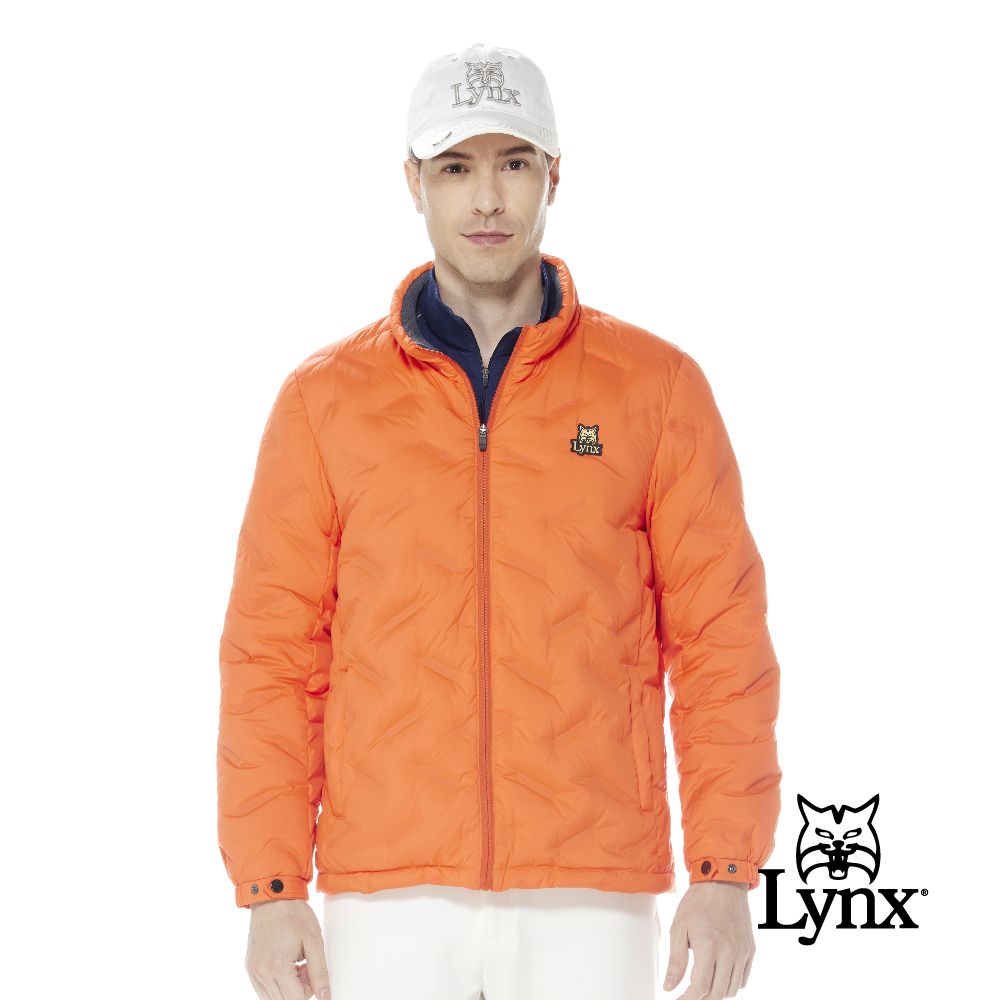 Lynx Golf 男款保暖防風羽絨壓紋設計羅紋內領後背剪接印花拉鍊口袋長袖外套(三色)