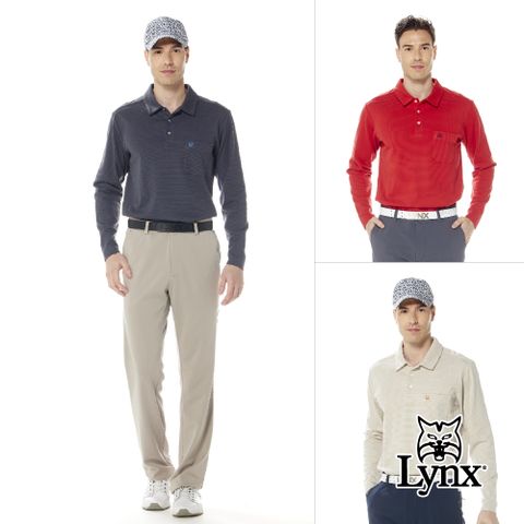 Lynx Golf 男款保暖舒適雙面立體組織材質配布剪裁設計胸袋款長袖POLO衫(三色)